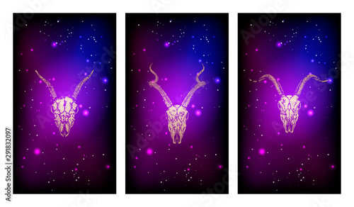 Vector set of three illustrations with gold silhouettes skulls antelope and goats against the background of the starry sky.