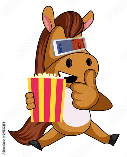 Horse with popcorn, illustration, vector on white background.