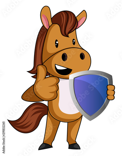 Horse with shield, illustration, vector on white background.
