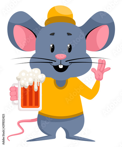 Mouse with beer, illustration, vector on white background.