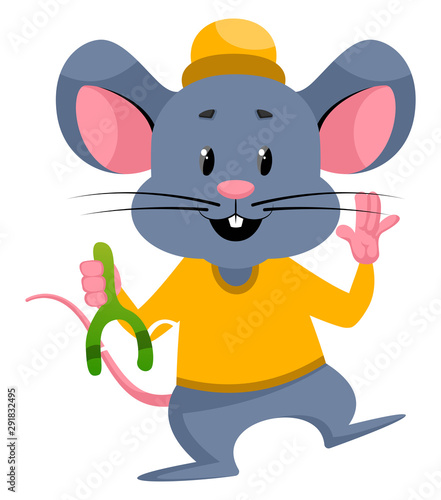 Mouse with sling shot, illustration, vector on white background.