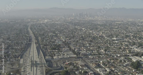 Aerial shot, day, high altitude view of la sprawl and highway, drone
