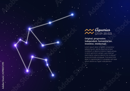 Aquarius zodiacal constellation with bright stars. Aquarius star sign and dates of birth on deep space background. Astrology horoscope with unique positive personality traits vector illustration.