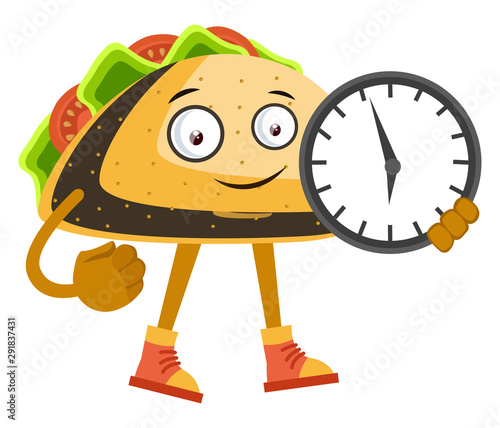 Taco with clock, illustration, vector on white background.