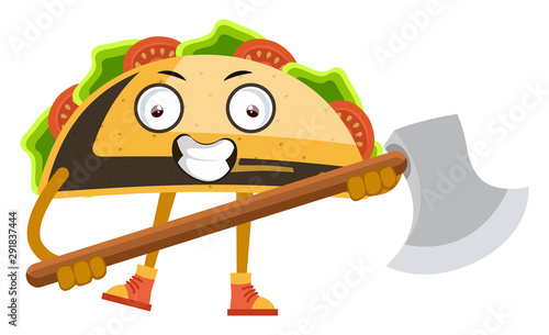 Taco holding big axe, illustration, vector on white background.