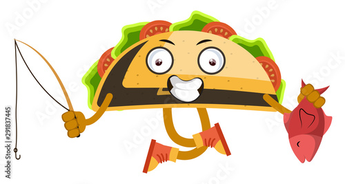 Taco with fishing rod, illustration, vector on white background.