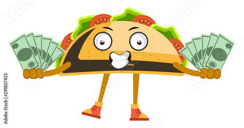 Taco with money, illustration, vector on white background.