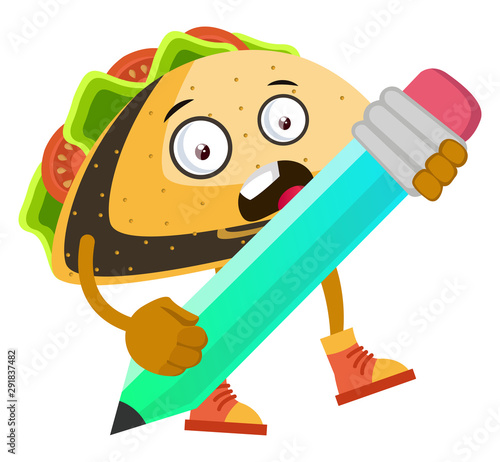 Taco with big pencil, illustration, vector on white background.
