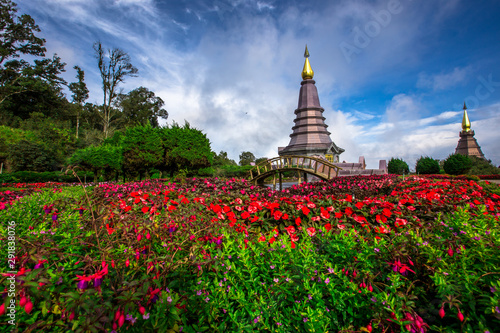 Landscape of two pagoda on the top of Inthanon mountain, Chiang Mai, Thailand. 
