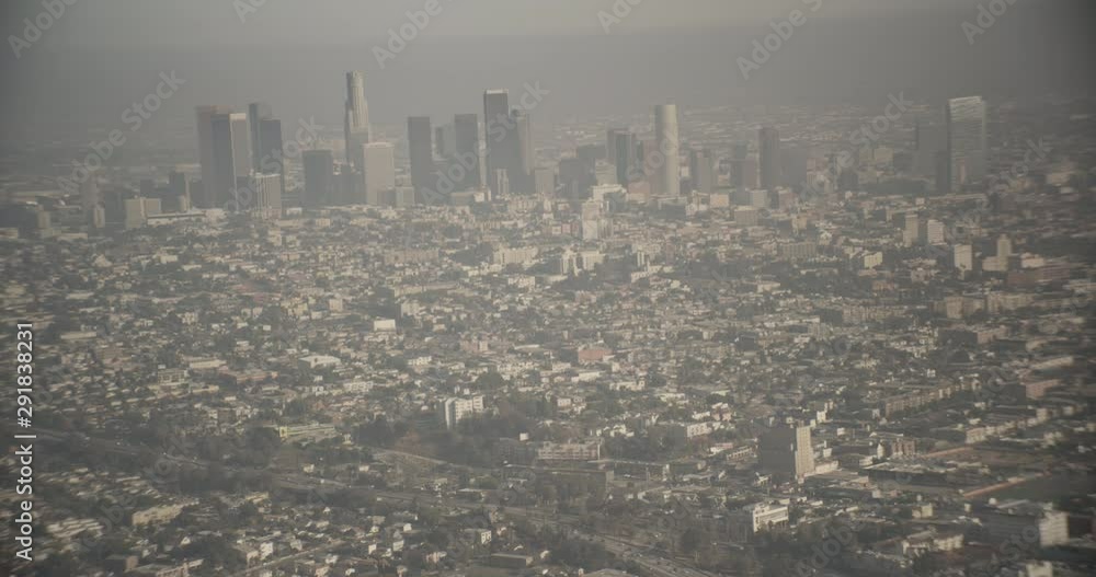 Aerial shot, day, extreme altitude view of hazy la and downtown, drone Aerial shot, day, extreme altitude view of hazy la and downtown, drone
