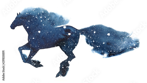Watercolor illustration of the silhouette of a galloping horse in the snow on a white background