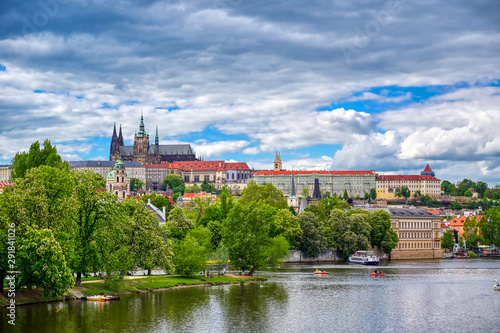 A view of Prague Castle across the Vltava River in Prague, Czech Republic.