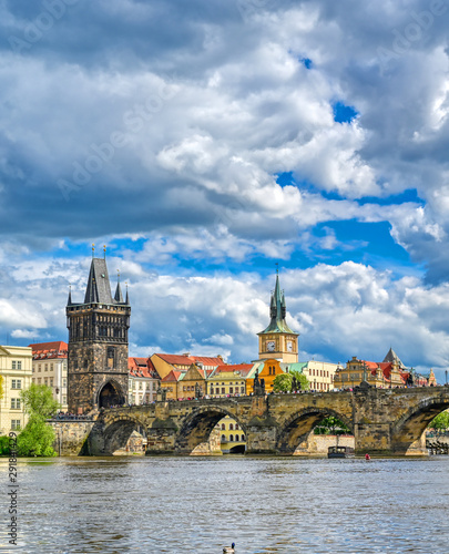 A view of Old Town Prague and the Charles Bridge across the Vltava River in Prague  Czech Republic.