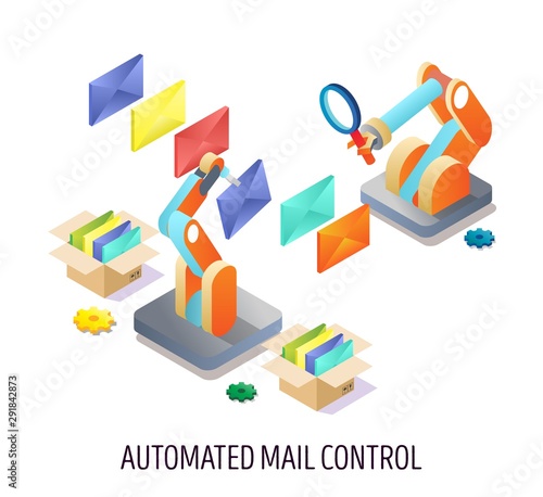 Automated email control, vector concept isometric illustration