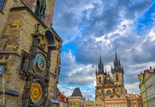 The Prague Astronomical Clock located at the Old Town Hall and the Church of Our Lady before Tyn in Prague, Czech Republic.