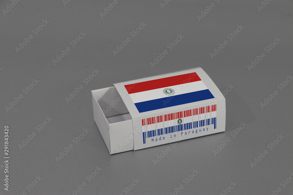 Paraguay flag on white box with barcode and the color of nation flag on grey background, paper packaging for put match or products. Paraguay flag on white box with barcode and the color of nation flag on grey background, paper packaging for put match or products.