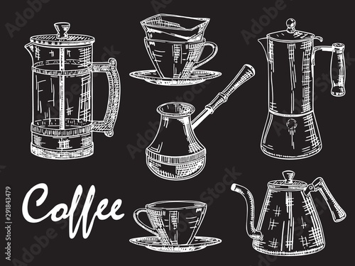 Vector vintage hand drawn white coffee set