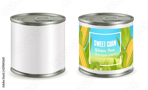Canned corn package mockup set, vector realistic illustration
