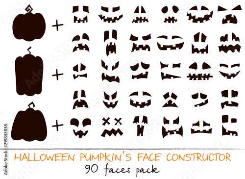 Halloween Pumpkin flat kit face constructor. Character Creation sign collection nose, mouth, cute smile Simple jack-o-lantern cartoon halloween pumpkin vector icon symbol isolated.