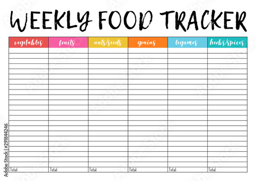  Weekly food tracker, comfortable planner for organiser. Concept of healthy eating, loosing weight.