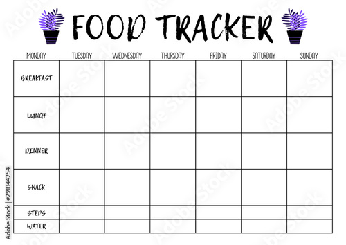 Food tracker, comfortable planner for organiser. Concept of healthy eating, loosing weight.