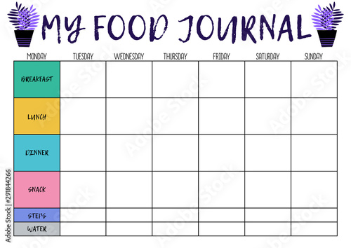 My food journal,  comfortable planner for organiser. Concept of healthy eating, loosing weight. .