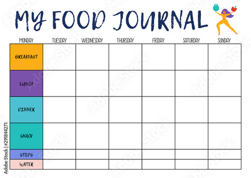 My food journal,  comfortable planner for organiser. Concept of healthy eating, loosing weight. .