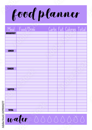  Weekly food planner, comfortable planner for organiser. Concept of healthy eating, loosing weight.