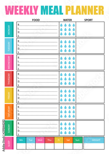  Weekly meal planner, comfortable planner for organiser. Concept of healthy eating, loosing weight. .