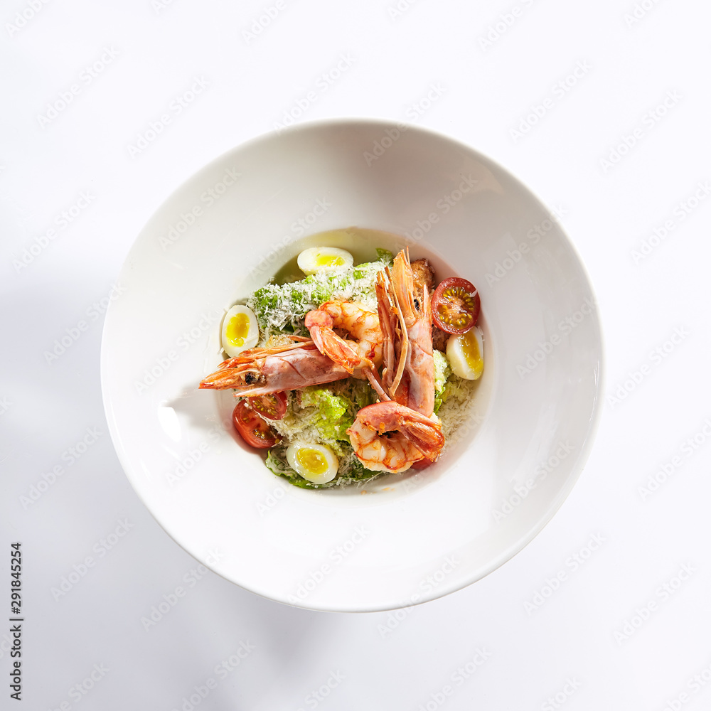 Delicious caesar with argentinian shrimps top view Delicious caesar with argentinian shrimps top view