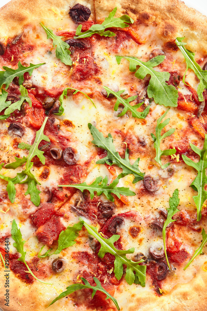 Pizza with tuna, kalamata olives and sweet pepper top view Pizza with tuna, kalamata olives and sweet pepper top view