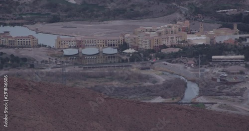 Helicopter aerial shot zooming into stadium in Nevada, drone 