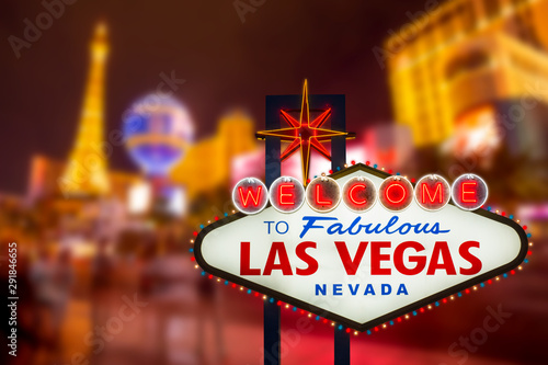 LAS VEGAS - SEP 18 : Welcome to fabulous Las Vegas neon sign with Las Vegas strip road background View of the strip on September 18, 2019