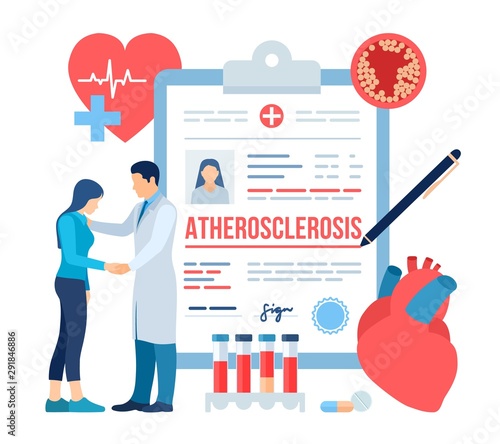 Medical diagnosis - Atherosclerosis. Doctor taking care of patient. Heart attack. Blood vessel section with fatty deposit accumulation. High Cholesterol Blood Pressure. Thrombus in vessel. Vector.