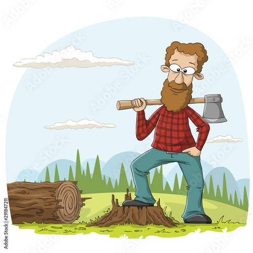 Lumberjack with axe. Hand drawn vector illustration with separate layers.