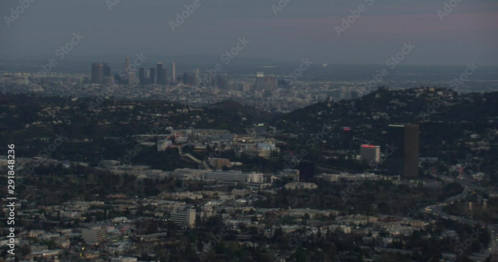 Downtown Los Angeles cityscape, helicopter aerial shot, night, drone Downtown Los Angeles cityscape, helicopter aerial shot, night, drone