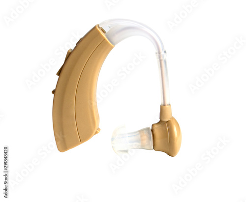 Hearing aid isolated on background with clipping path,a device designed to improve hearing by making sound audible to a person with hearing loss