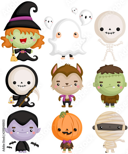 A Vector Set of Cute Kids in Halloween Character Costumes