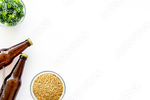 Barley and hop for making beer on white background top view copy space