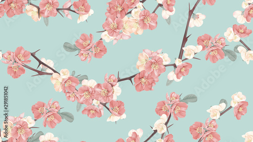 Gordijnen Naadloze bloemmotief, Japanse kweepeer bloemen op blauw, pastel  vintage thema - Nikkel-Art.be