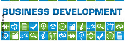 Business Development Green Blue Box Grid Business Symbols 