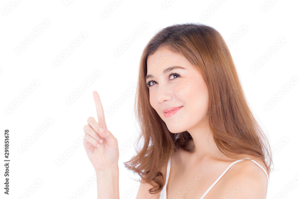 Portrait of beautiful asian woman makeup of cosmetic, beauty of girl with face smile and finger point something attractive isolated on white background, perfect with wellness and healthcare concept. Portrait of beautiful asian woman makeup of cosmetic, beauty of girl with face smile and finger point something attractive isolated on white background, perfect with wellness and healthcare concept.