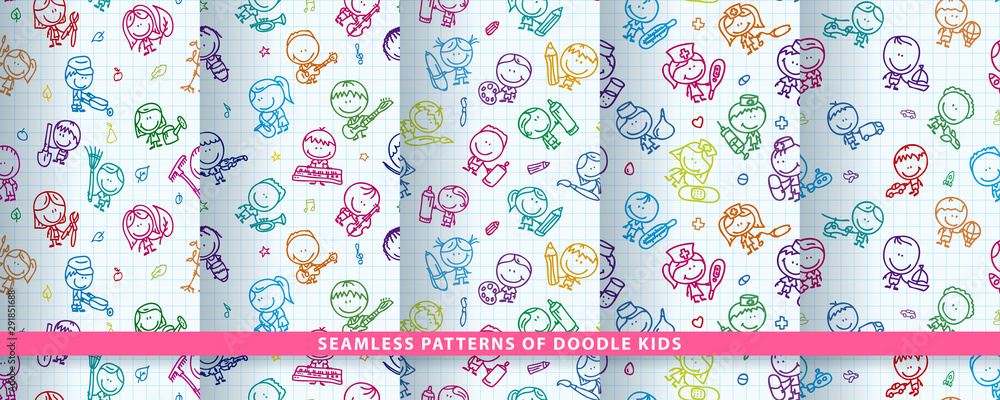 Doodle kids seamless patterns set Doodle kids seamless patterns set