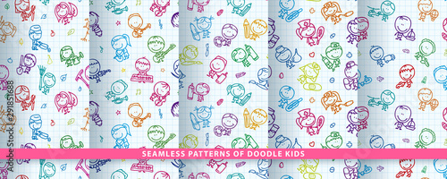 Doodle kids seamless patterns set