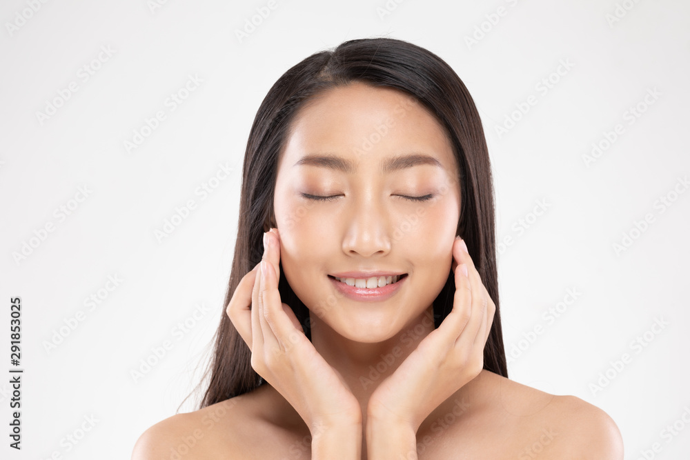 Beautiful Asian woman touching soft cheek smile with clean and fresh skin Happiness and cheerful with positive emotional,isolated on white background,Beauty and Cosmetics Concept Beautiful Asian woman touching soft cheek smile with clean and fresh skin Happiness and cheerful with positive emotional,isolated on white background,Beauty and Cosmetics Concept