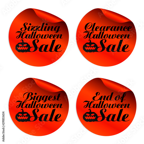 Red Halloween sale stickers sizzling, clearance, biggest, end of. Vector illustration