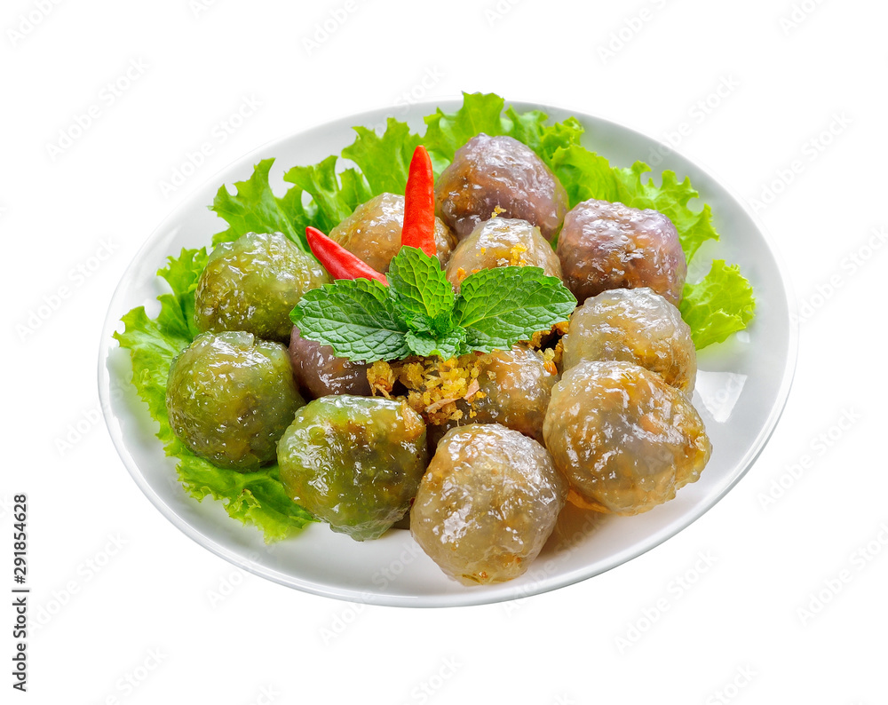 Thai Traditional Dessert, Tapioca balls with pork filling serve with vegetable Thai Traditional Dessert, Tapioca balls with pork filling serve with vegetable