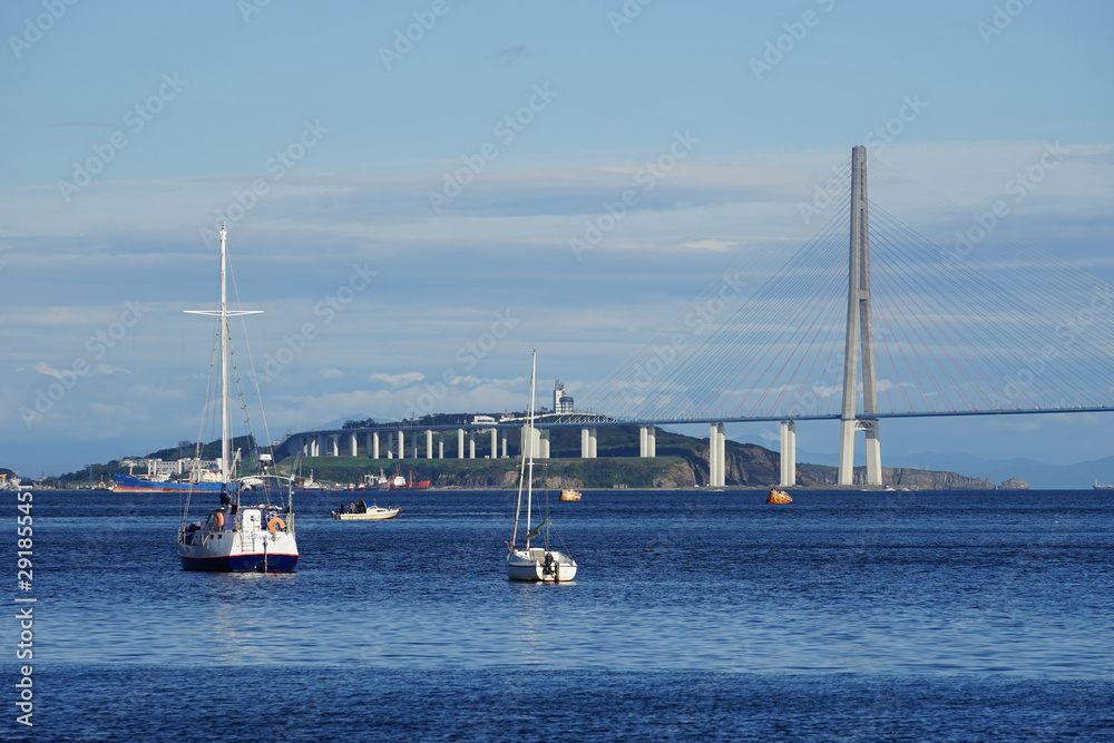 Seascape overlooking the Russian bridge and ships. Seascape overlooking the Russian bridge and ships.