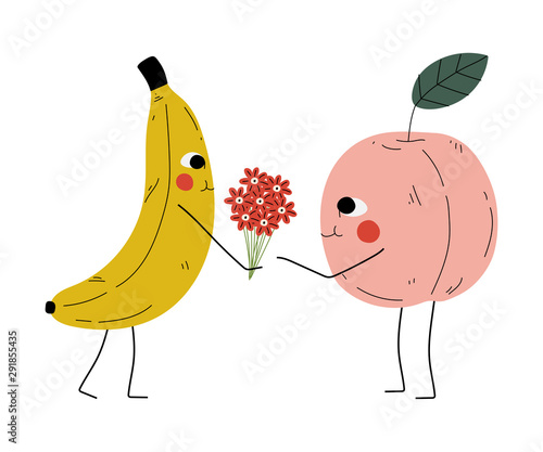 Cute Banana Giving Bouquet of Flowers to Peach, Cheerful Fruits Characters with Funny Faces, Best Friends, Happy Couple in Love Vector Illustration