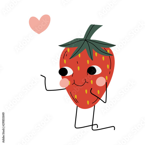 Cute Strawberry Standing On Its Knees, Cheerful Berry Character with Funny Face Vector Illustration